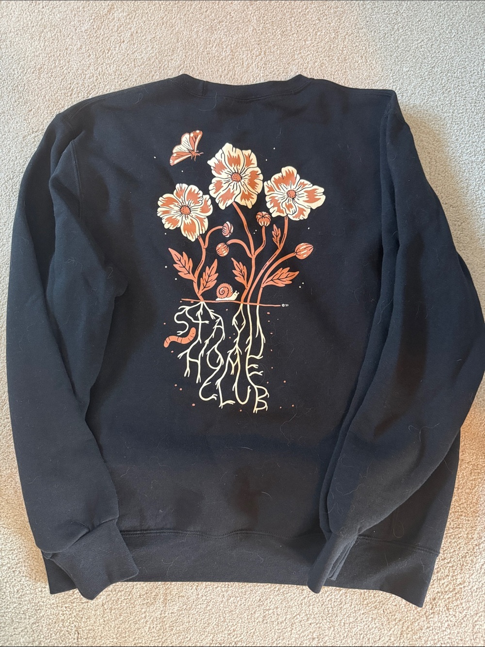 Stay Home Club Black Crewneck with Orange Floral Graphic